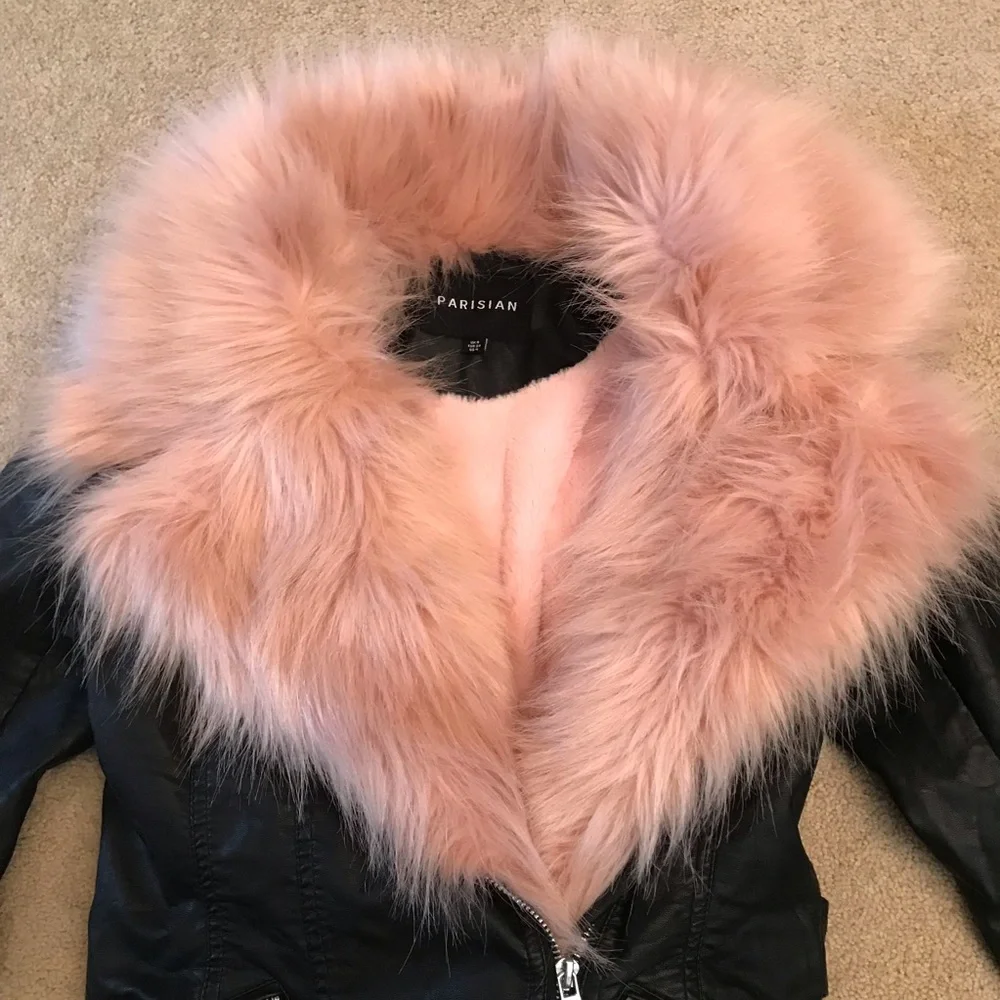 Black Faux Leather Jacket Pink Faux Fur Collar Womens Small US 4 Crop Moto Rebel - Picture 8 of 16